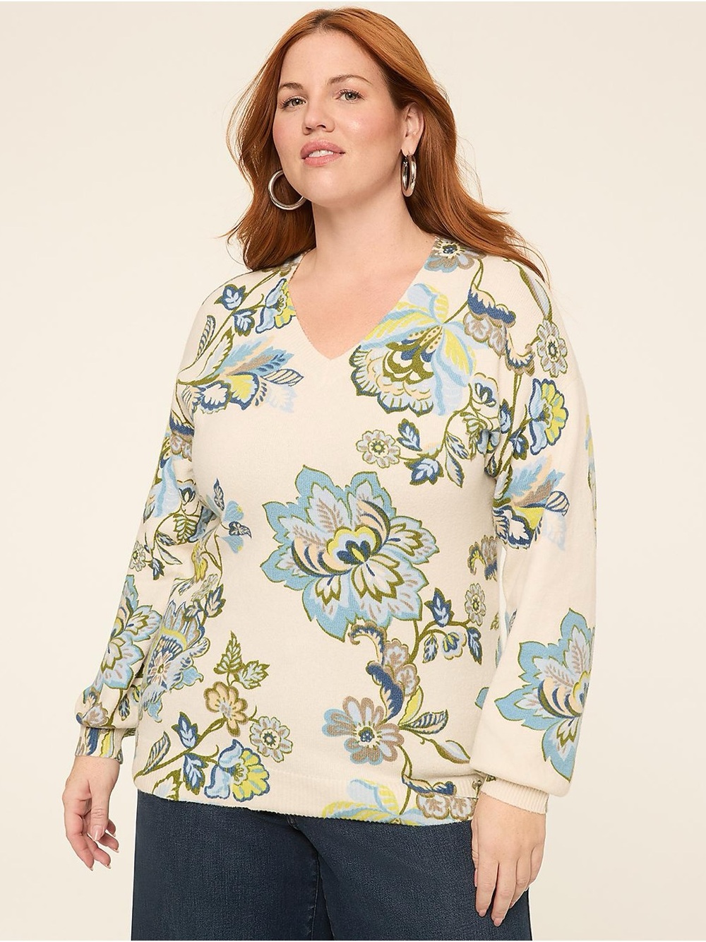 Lane Bryant Cream V-Neck Sweater with Blue & Green Floral Print